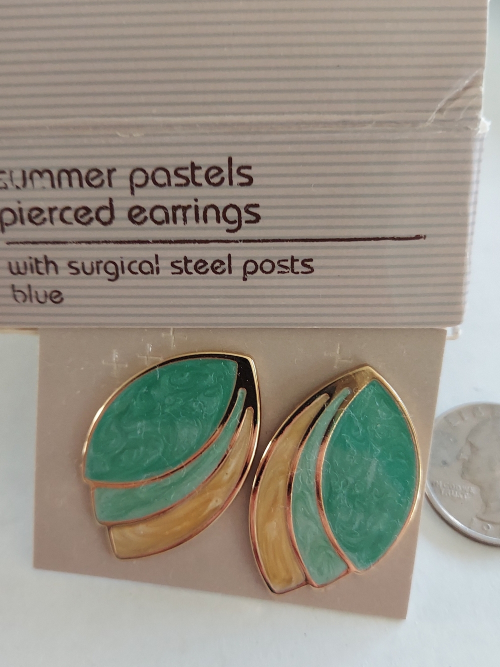 Vintage Avon Summer Pastels Green and Yellow Enamel Leaf-Style Stud Earrings